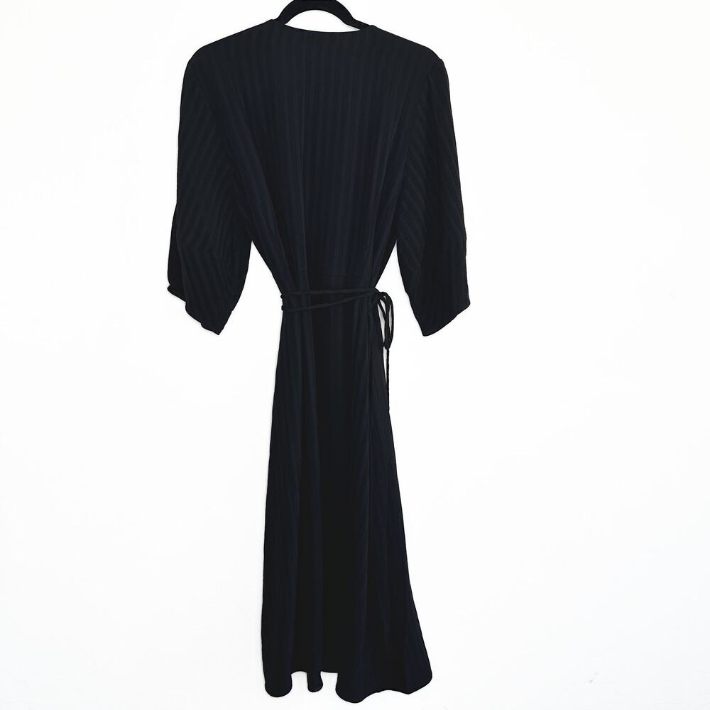 NWOT Everlane The City Stripe Puff Sleeve Black Ribbed Midi Wrap Dress 10 - Picture 10 of 15